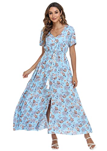 Image of VintageClothing Women's Floral Maxi Dresses Boho Button Up Split Summer Casual Long Dress Beach Party Dress