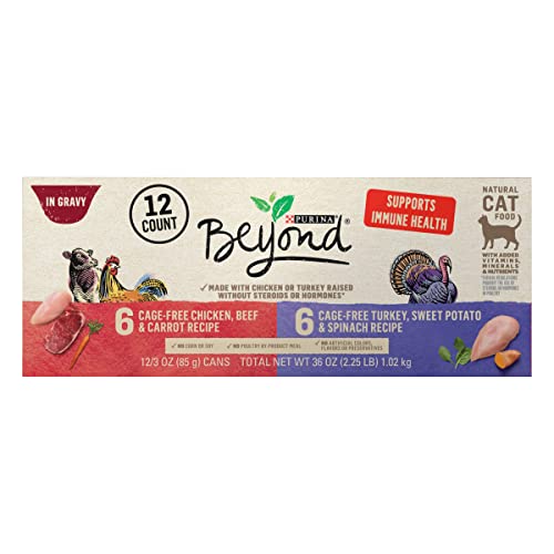 PURINA Beyond Chicken, Beef and Carrot and Turkey, Sweet Potato and Spinach in Wet Cat Food Gravy 12 Ct Variety Pack - (12) 3 oz. Cans