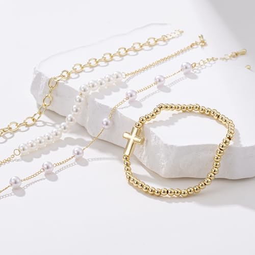 Pearl Bracelets for Women, 14K Gold Plated Beaded Jewelry Sets With Cross Charm Chain, Dainty Trendy Gifts 6