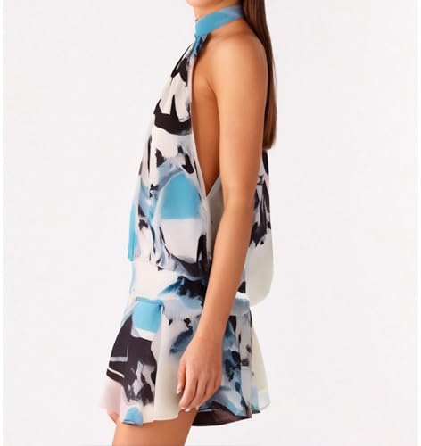 Image of Women's 2025 Summer Halter Dress Sleeveless Open Back Ruffle Tiered Layered Chiffon Pleated A Line Swing Mini Dress