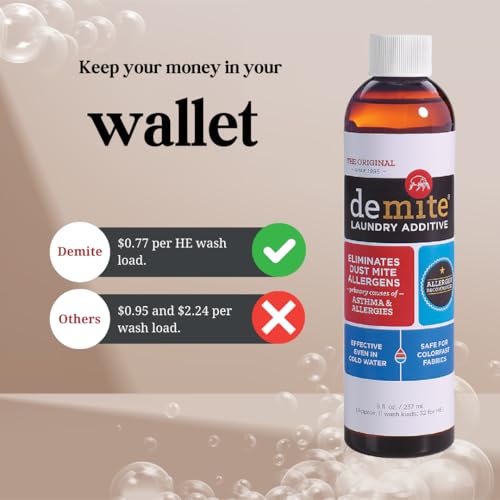 Image of DeMite Laundry Additive - Dust Mite Waste Remover for Allergy Relief, Treatment for Bedding & Clothes, Safe for Children & Pets, Fragrance-Free Gentle Formula, Use with Any Laundry Detergent, 8 fl oz