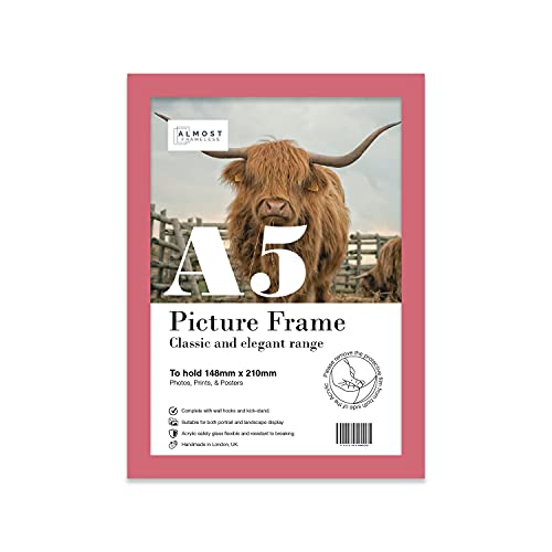 A5 Pink Picture Frame, Fits A5 (14.8 x 21cm - 5.8 x 8.3in) Poster, Photo, or Print. Portrait and Horizontal Wall Hooks/Kickstand Wall Art Display