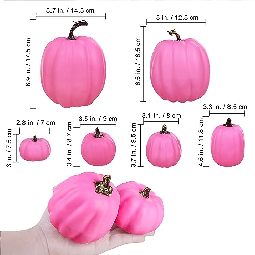 Image of 7 Pcs Assorted Sizes Hot Pink Artificial Pumpkins Fall Decorative Pumpkins Deep Pink Foam Pumpkins for Gifts Fall Halloween Thanksgiving Wedding Baby Shower Farmhouse Table Centerpiece Mantel Decor