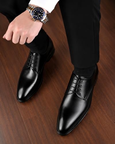Image of Men's Premium Glossy Oxford Dress Shoes, Black, Lace-Up, Cushioned Comfort, TPR Sole, Classic Luxury Derby Style, for Wedding, Office, Business, Party