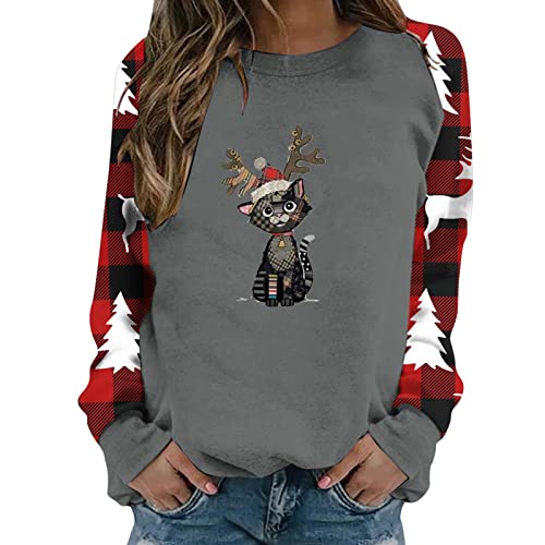 Fall Shirts For Women 2022 Christmas Print Scoop Neck Pullover Vintage Loose Fit Maternity Wrap Blouse For Women Party Gray #TOP28