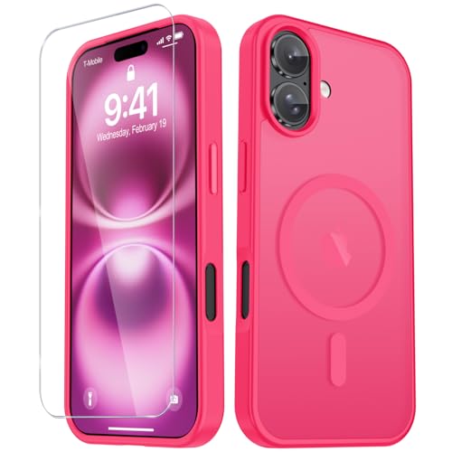 Image of YENAPOON for iPhone 17 Case, Matte Magnetic Phone Cover [with 1 Screen Protector] [Support for MagSafe] [Shockproof Military Grade Protection] Translucent Frosted Back, Hot Pink