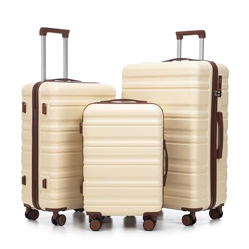 3-Piece Hardshell Luggage Set, 20/24/28 Inch Spinner Suitcases with TSA Lock, Cream/Brown, 360° Wheels2