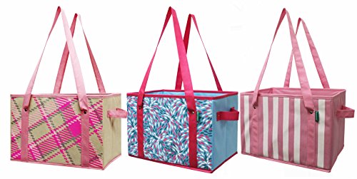 Earthwise Deluxe Collapsible Reusable Shopping Box Grocery Bag Set with Reinforced Bottom Storage Boxes Bins Cubes Set of 3 Pink