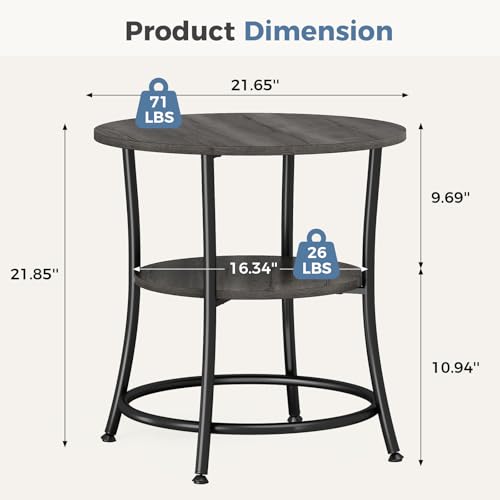 OLIXIS 21.85-Inch Round End Table, 2-Tier Side Round Table for Living Room, Accent Table with Storage Shelf, Sturdy Metal Frame Nightstand for Small Space, Round Bedside, Grey Wood Grain by OLIXIS - Image 2