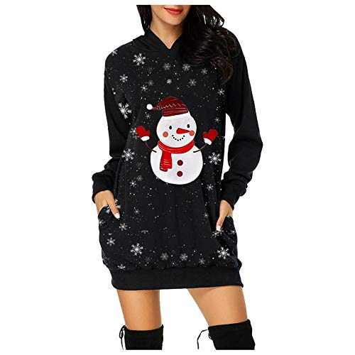 Mode Weihnachten Schneemann Kapuzenpullover Tasche Hip Pocket Print Hoodie Kleid für Frauen, lässiges Winter warmes Sweatshirt-Oberteil, für