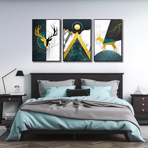 Image of Boho Canvas Wall Art Set of 3 with Black Frame, Abstract Minimalismt Bohemian Deer & Geometric Pictures Prints Artwork Paintings Wall Decor for Bedroom Living Room Home Decoration 24x36 inches