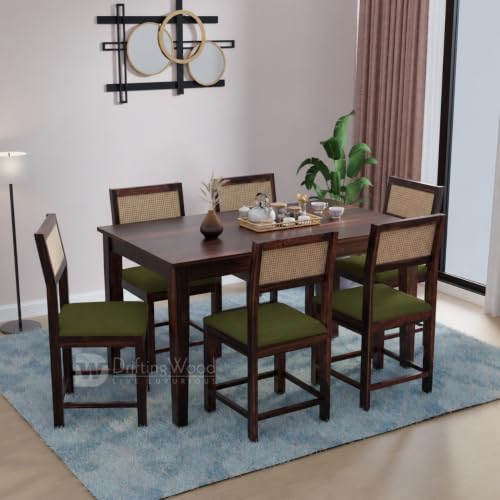 Image of DRIFTINGWOOD Amber Solid Sheesham Wood 6 Seater Dining Table Set with Rattan Back Chairs | Green Velvet Cushioned Seating for Home & Dining Room (Walnut Finish, DIY)