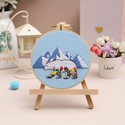 Image of Louise Maelys Glacial Polar Bear and Flowers Embroidery Kit DIY Craft | Pre-Printed Fabric, Hoop, Threads, Needles & Guide for DIY Needlepoint Kit and Cross Stitch Starter Kit for Adults