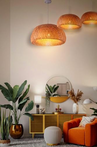 Image of Boho Pendant Light Fixture Bamboo Hanging Light Rattan Pendant Light Woven Wicker Shade Rattan Chandelier for Dining Living Bedroom Kitchen Farmhouse (Bulb not Include) (Round-13inches)