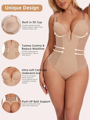 JOYSHAPER Women Shapewear Bodysuit Built in Bra Tummy Control U Plunge Backless Body Shaper Bra Thong Body Suits2