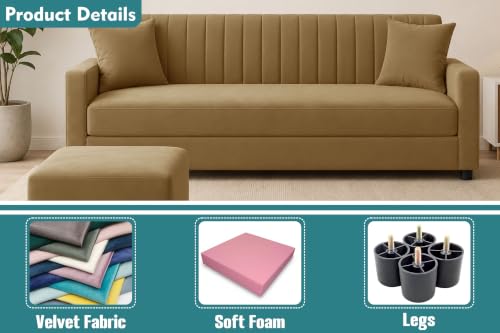 Image of 3 Seater Wooden Sofa Set with Ottoman for Living Room | Premium Velvet Fabric Wooden Frame | Modern Design | Comfortable Cushioned Sofafor Home, Office & Lounge | Golden