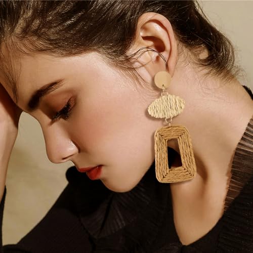 Image of Handmade Raffia Hoop Earrings Statement Tropical Bohemian Straw Dangle Earrings Natural Rattan Vacation Style Round Earrings for Women Summer Beach Party Essential Jewelry