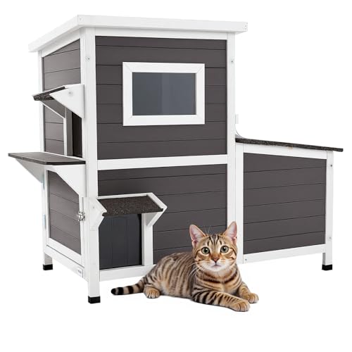 VEVOR Casa Elevada para Gato de Exterior, Refugio de Madera de 2 Plantas para 3 Gatos con Escaleras, Ventana Transparente y Puertas Abatibles, Condominio Impermeable para Gatos, 1070 x 633 x 863 mm