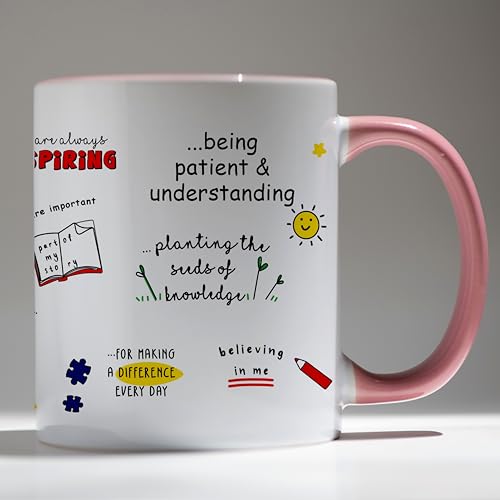 Image of DAYS Thank You Teacher Personalized Mug Custom Teacher's Name Best Teacher Gift, Teacher on Birthday Helping Me to Grow Ceramic Mug 11oz (Pink Mug)
