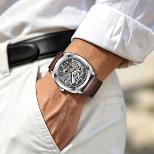 Image of Benyar Automatic Watches for Men | Skeleton Mechanical Leather Strap Mens Watch | 45mm Dial | 30M Waterproof | Men's Stylish Gift