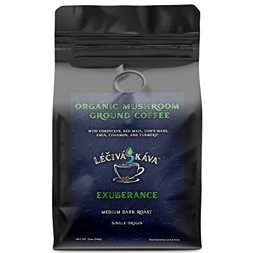 Organic Mushroom Ground Coffee By Leciva Kava - Organic Arabica Beans Single Origin Medium Dark Roast With Organic Cordyceps, Red Maca, Lion's Mane, Amla, Cinnamon, And Turmeric - 1 Unit 12Oz Bag #TOP15
