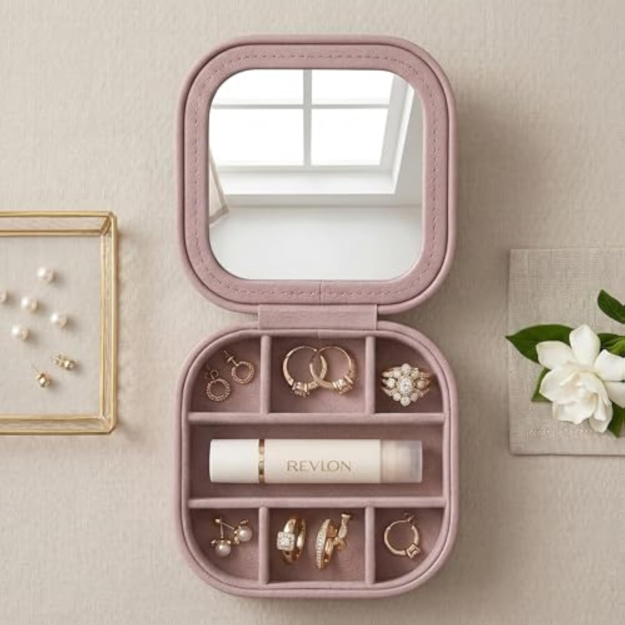 Pink Travel Jewellery Box with Mirror, Multiple Compartments