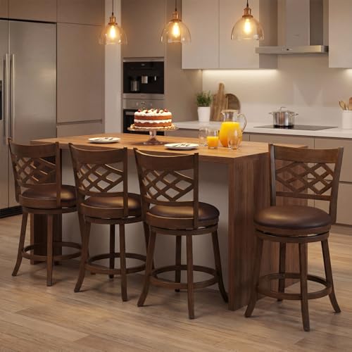 Butacos giratorios Giantex, set de 2 unidades, altura de barra 26 pulgadas, con estructura de madera de caucho, asiento tapizado y reposapiés, estilo mid-century para isla de cocina, café o pub, color marrón miniatura 4