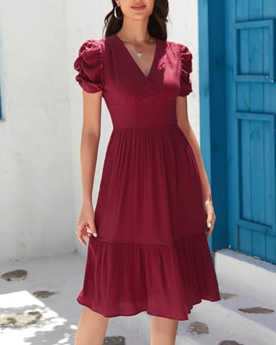 Image of Womens 2025 Summer Dress V Neck Puff Short Sleeve Tiered Dress Elastic High Waist Flowy Vacation Midi Dresses