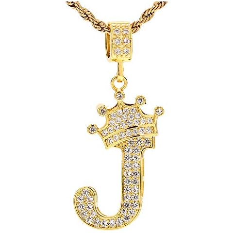 UALGL A-Z Letters Necklace Crown Necklace for Men Women 18K Gold Plated Letters Pendants with 23'' Chain Hip Hop Alphabet Name Jewelry Mom Gifts, 18K, Cubic Zirconia Cover