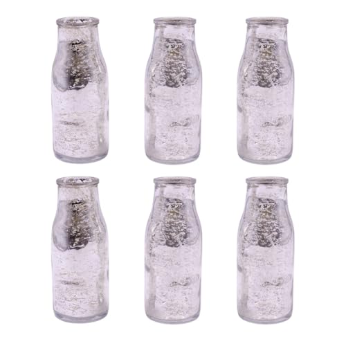 Hosley Set of 6 Silver Glass Bottle, 5.5" High. Ideal Gift for Floral Arrangements Wedding, Floral Vase, Party, Home Decor, Office, Spa