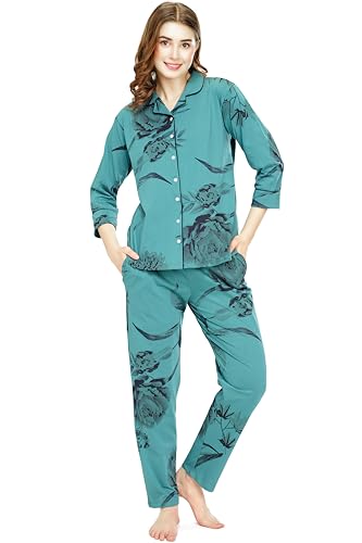 Image of ZEYO Night Suit for Women's Floral Printed Cotton Night Dress of Shirt and Pajama Set 5760