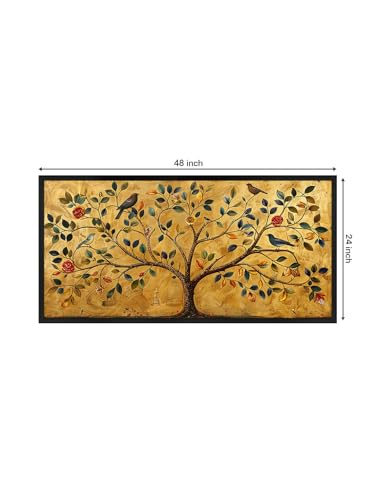 Image of 999STORE Tree of Life Canvas Wall Art, 120 x 60 cm, Black Frame, Golden Background, Birds and Flowers Design, Horizontal Orientation