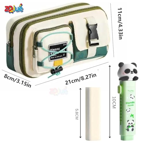 Image of Large Capacity Cute Aesthetic Pencil Case with Multi ompartments, Multi-Pocket Pastel Pen Pouch Organizer with Zipper, Kawaii School Supplies Bag for Girls (Green Happy Every Day+Panda Erase)