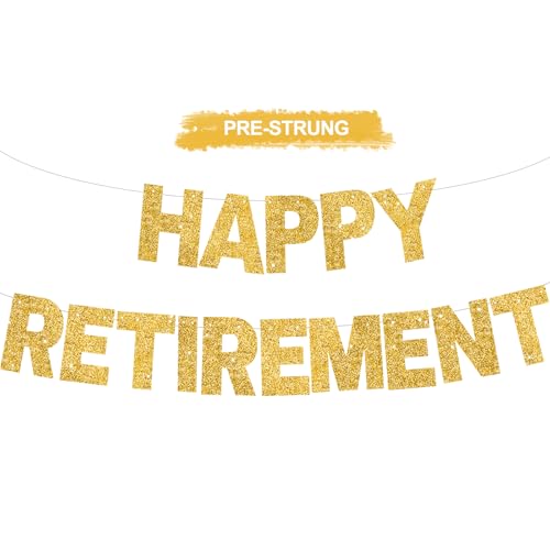 RICHHHA Glitter Gold Happy Retirement Banner Pre-Strung Retirement Party Decorations Office Goodbye Party Sign Garland Going Away Farewell Party Supplies,NO-DIY