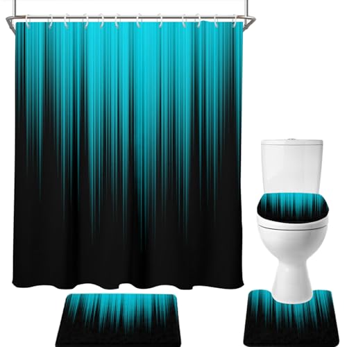 AAtter 4 Piece Teal and Black Shower Curtain Set Turquoise