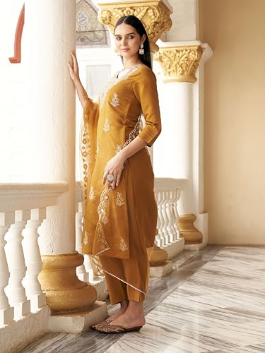 Womanista Women's Mustard Colour White Cording Embroidered Kurta And Pants With Dupatta (Kurtaset_1310_Xxl)
