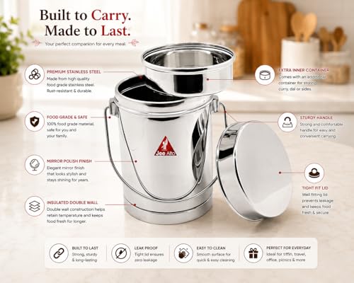 Image of Stainless Steel 2 in 1 Multipurpose Milk Can /Chutney n Sambhar Barni With Steel Inner Separator Medium (Cup : 300 ml + Dabba: 1550 ml)