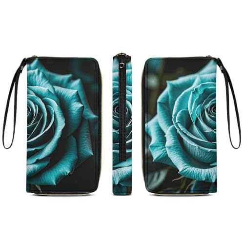 Women Wallets Teal Gray Rose Leather Wallet for Women Thin Wallet with Zipper Pocket Card Holder3