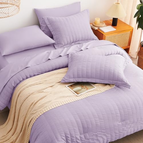 Image of CozyLux Full Size Comforter Sets Light Purple, 7 Pieces Seersucker Textured Luxury Bed in a Bag Lavender, All-Season Bedroom Bedding Sets with Down Alternative Comforter, Sheets, Pillowcases & Shams