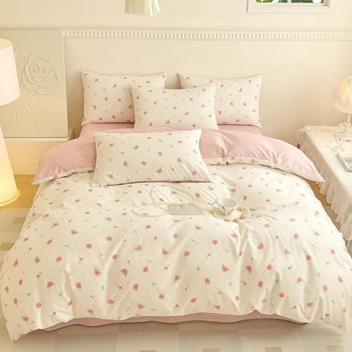 Freyamy Blumen Bettwäsche 155x220 Baumwolle Rosa Floral Herz Bettwäsche Set – Ansicht 2