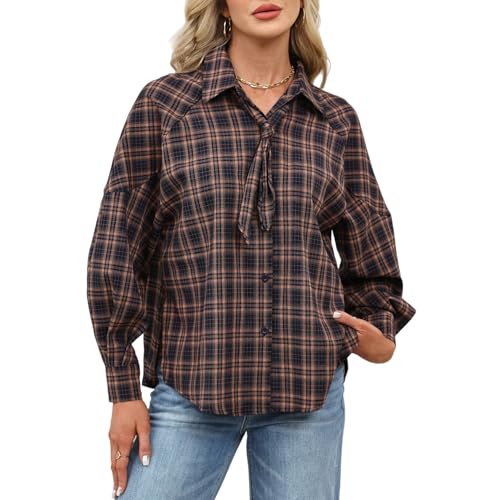 AKODOZO Womens Oversized Tie Neck Button Down Blouse Long Sleeve Shirt Business Casual Work Top for Daily Wear