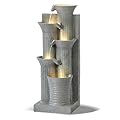 Grepatio Outdoor 5-Tiers Cascading Water Fountain, Garden Waterfalls Fountain with LED Lights, 24" H Modern Indoor Floor Standing Water Fountains with Pump for Patio, Yard, Deck Decor (Light Grey)