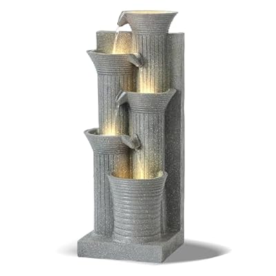 Grepatio Outdoor 5-Tiers Cascading Water Fountain, Garden Waterfalls Fountain with LED Lights, 24" H Modern Indoor Floor Standing Water Fountains with Pump for Patio, Yard, Deck Decor (Light Grey)