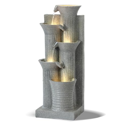 Grepatio Outdoor 5-Tiers Cascading Water Fountain, Garden Waterfalls Fountain with LED Lights, 24