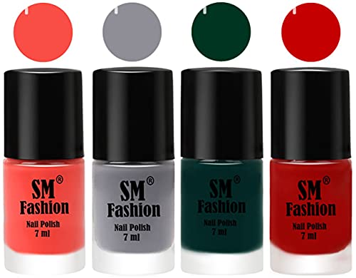 Image of Nail Polish Combo Set (Pack of 4) Quick Dry Gel Finish Nail Paint | Coral,Gray,Dark Green,Orange | 7 ml Each