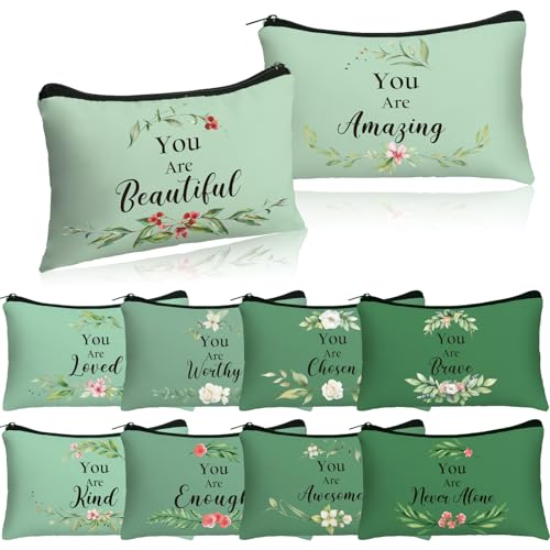 Hillban 10 Pcs Housekeeping Week Appreciation Gifts for Women Bulk Inspirational Christian Bible Verse Cosmetic Bag Surgical Tech Makeup Bag Religious Church Canvas Travel Pouch(Greenery,Green)