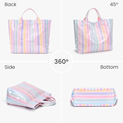 JQWYGB Striped PVC Tote Bag Large Glossy Striped Handbags Waterproof Top Handle Bag Plastic Tote Handbag Beach Travel Work(Purple-pink) by JQWYGB - Used condition - Image 7
