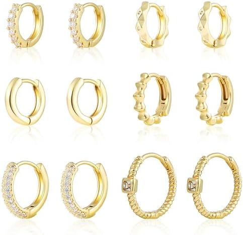 Wgoud Small Gold Hoop Earrings Set for Women, 6 Pairs 14K Gold Plated Hypoallergenic Lightweight Huggie Hoops Earrings, Gold Cartilage Cubic Zirconia Earrings for Women Gifts.