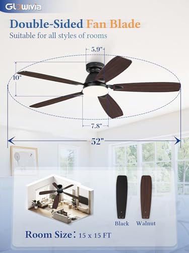 Glowivia 52 Inch Ceiling Fans with Lights and Remote Control,Modern Flush Mount Ceiling Fan with 3CCT Dimmable,Low Profile Ceiling Fans with 6-Speeds Reversible DC Motor for Bedroom Living Room(Black) — view 6