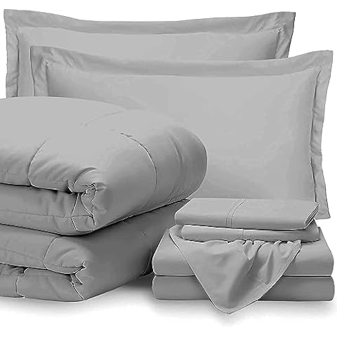 Ashley Mills 7 Pieces Bed in A Bag - Silver Solid Comforter Bedding Set 15" Deep Pocket 100% Egyptian Cotton - King Size (1Comforter, 1Flat Sheet, 1Fitted Sheet, 2Pillowcase & 2Pillow Shams) Cover